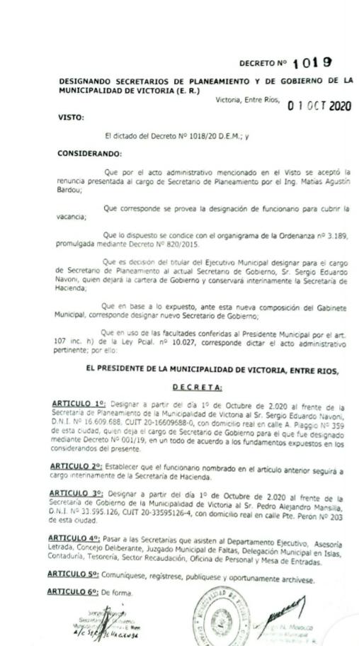 En las primeras horas de la jornada de hoy, los victorienses no anoticiábamos de la renuncia del ahora ex Secretario de Planeamiento Matías Bardou; seguido del nombramiento de Pedro Mansilla, como nuevo Secretario de Gobierno. Desde LT39 NOTICIAS, dialogamos con el flamante funcionario. “En todo este tiempo, nunca me desligué de la gestión municipal”.